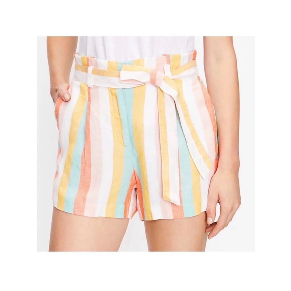LOFT Striped Linen Blend Paperbag Tie Waist Shorts NWT Size M